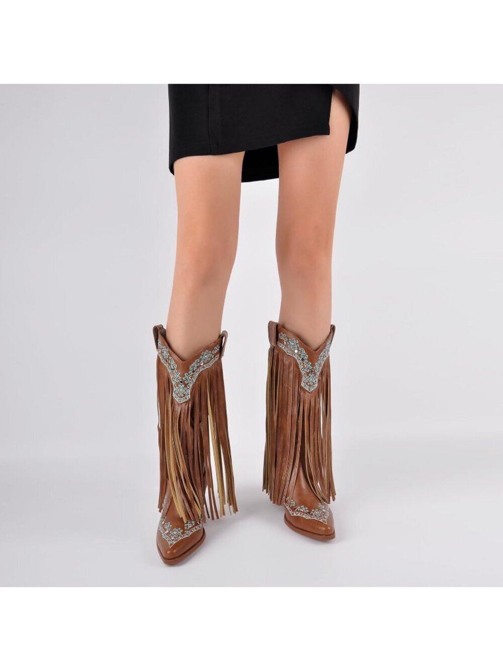 Women's Brown Fringe Mid Calf Boots with Rivets Embroidered - Picture 2 of 6